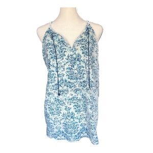 Fleur Bleue Blue & White Boho Print Sleeveless Tunic Top with Tassel, Size S
